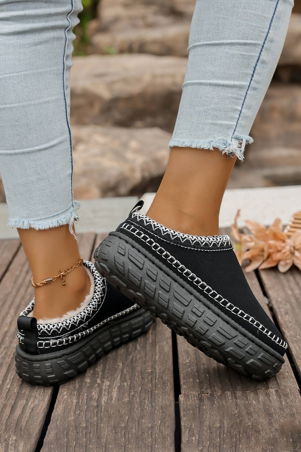 Stitch Detail Suede PU Plush Slippers | US7-10