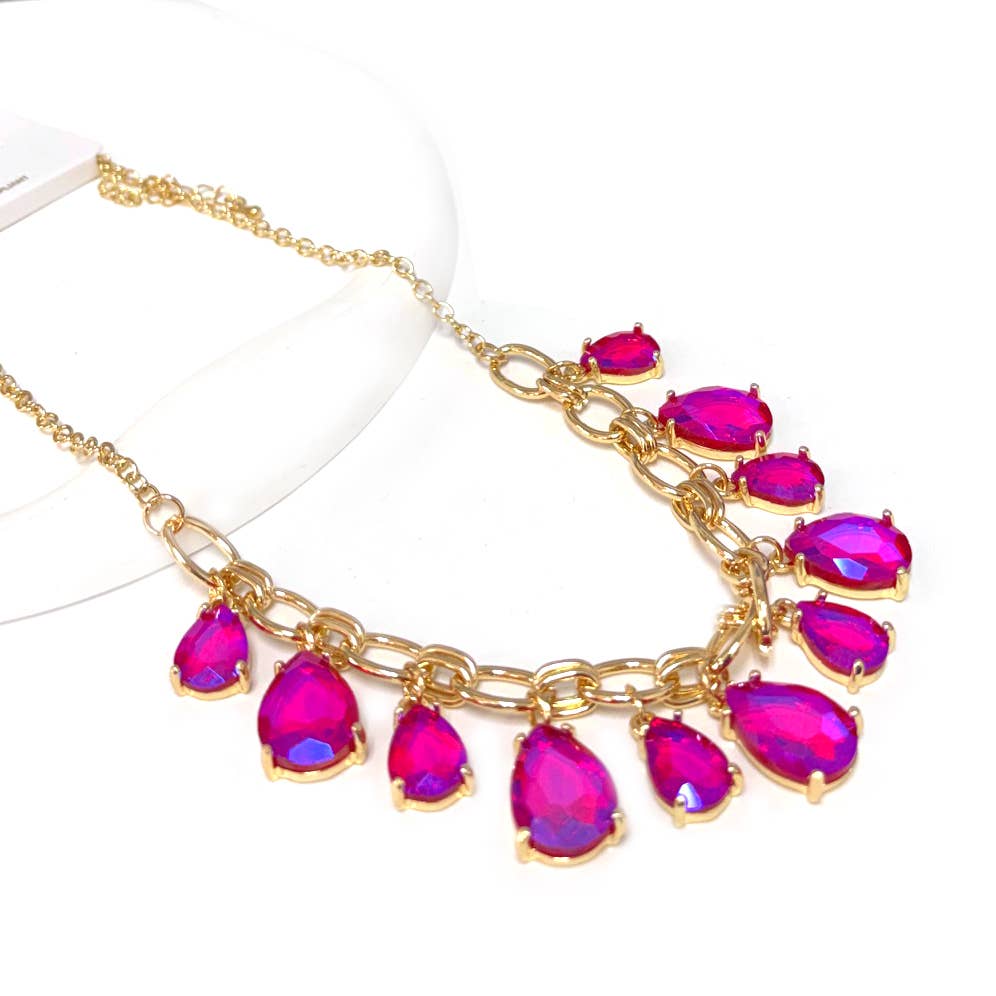 Sparkly Pink Teardrop Crystal Glass Charms Paparazzi Necklace