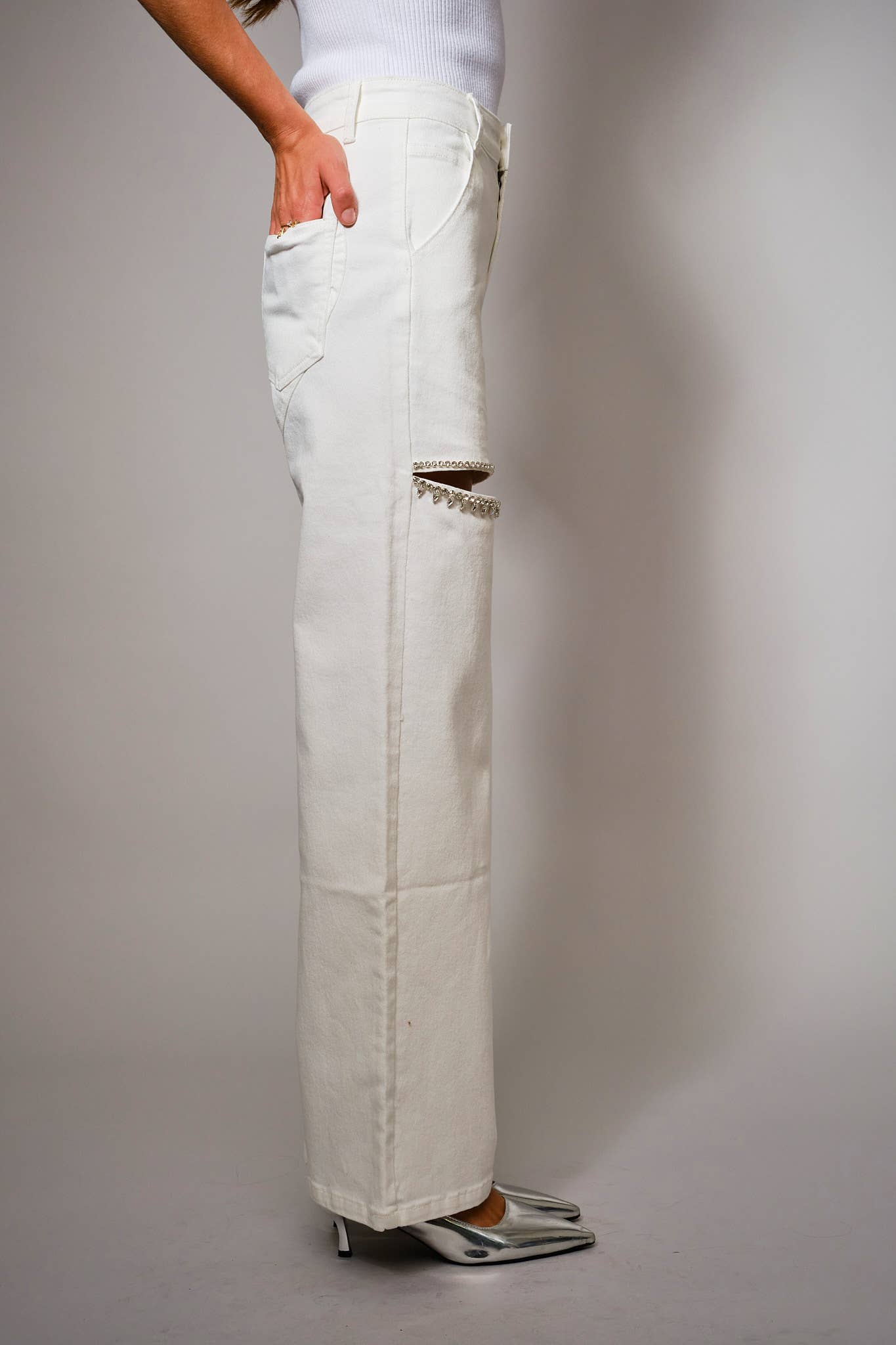 Cut Out Front Rhinestone Washed Denim Jeans: Black / M