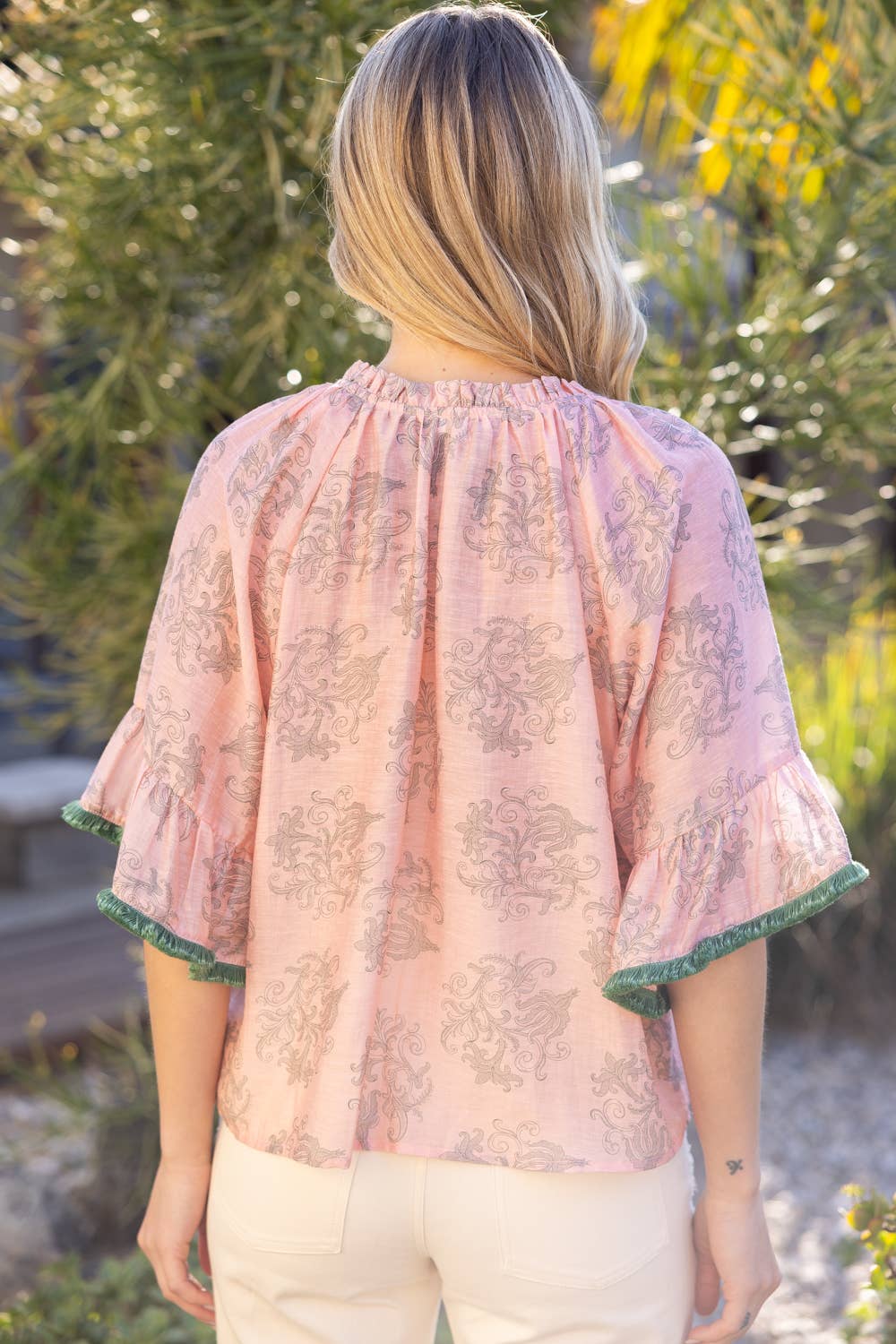 Tassle Self Tie and Fringe Detail Printed Top