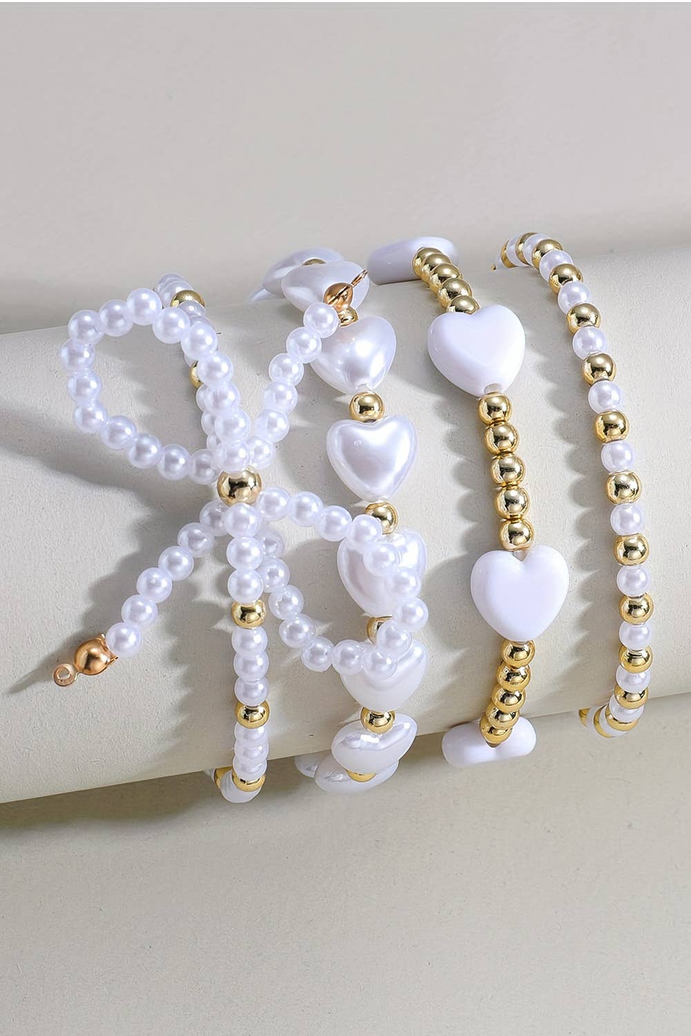 Bow Knot Heart Shape Faux Pearl Beaded Bracelet