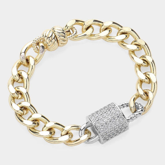 Two Tone CZ Stone Paved Lock Pointed Magnetic Bracelet