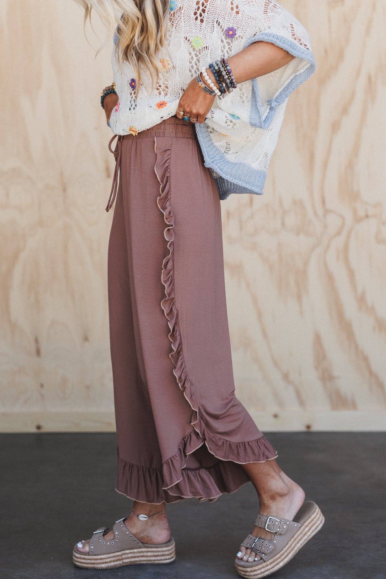 Ruffle Wide Leg Pants - Dark Mocha