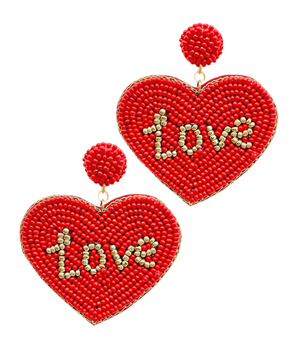 Red Beaded Love Heart Earrings | Valentine's Earring