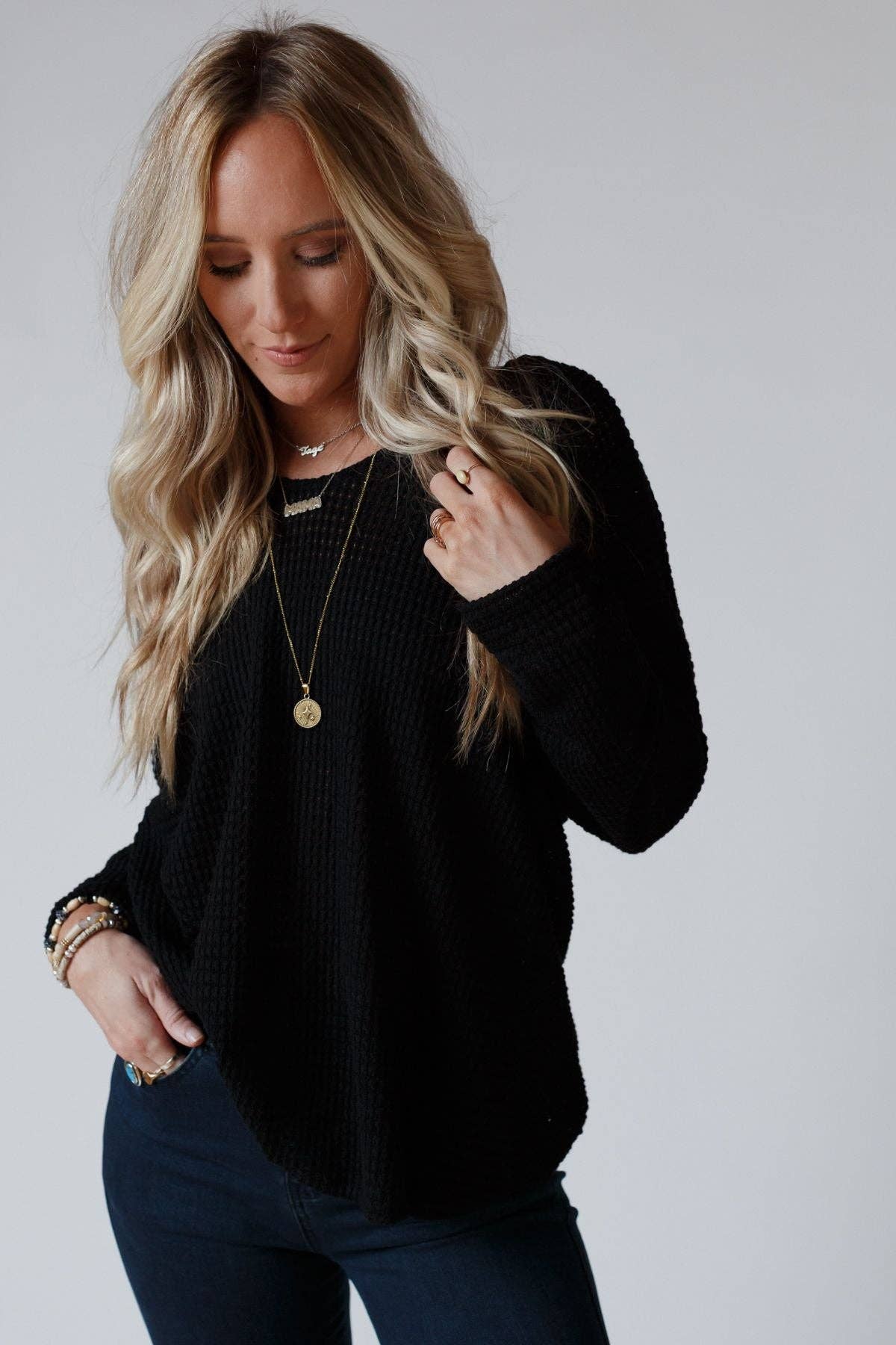 Open Back Thermal Knit Top - Black