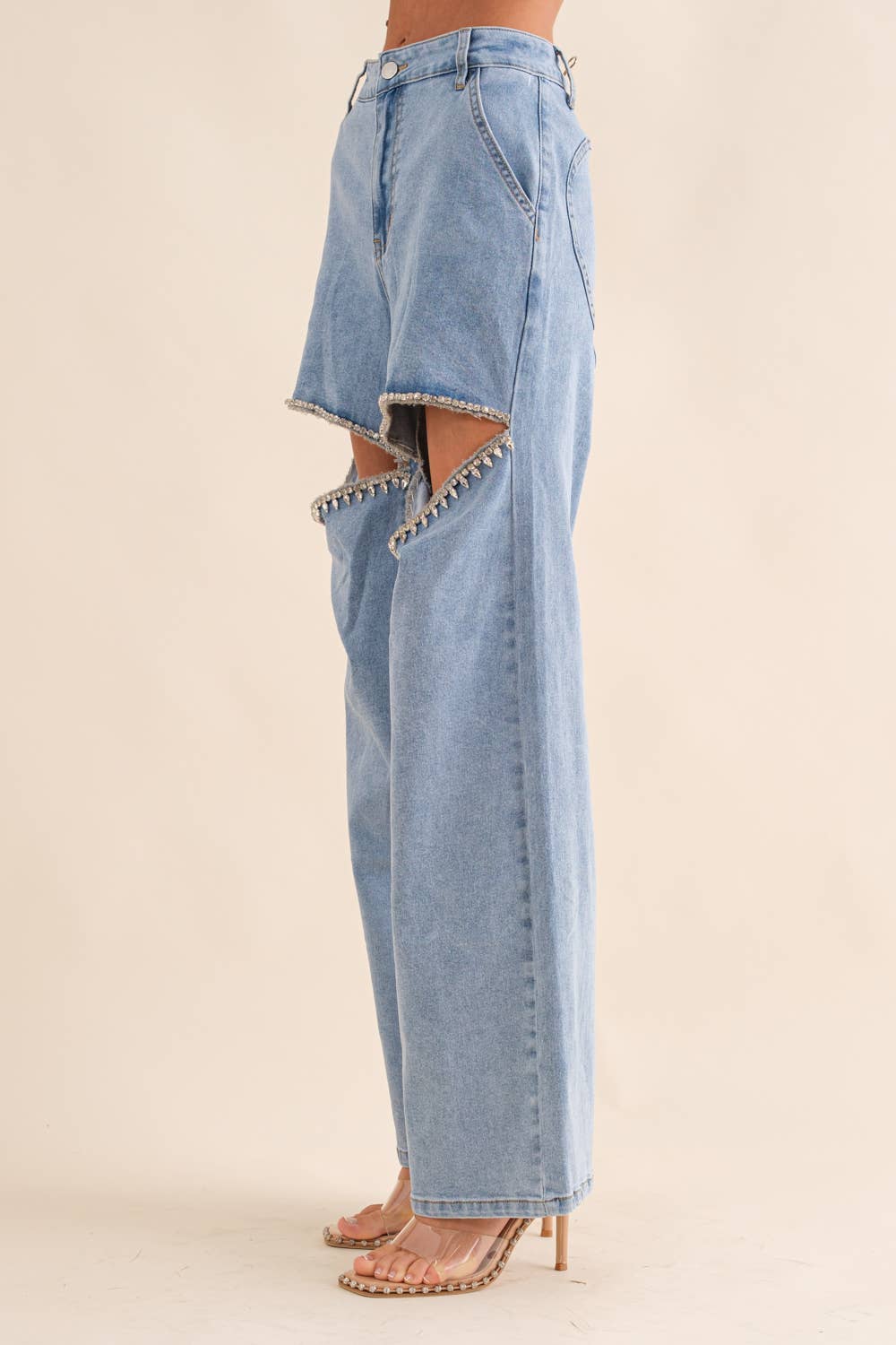 Cut Out Front Rhinestone Washed Denim Jeans: Black / M