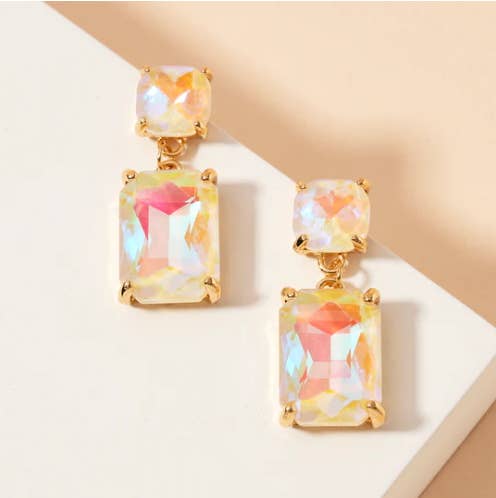 Double Square Linked Crystal Glass Dangle Earrings