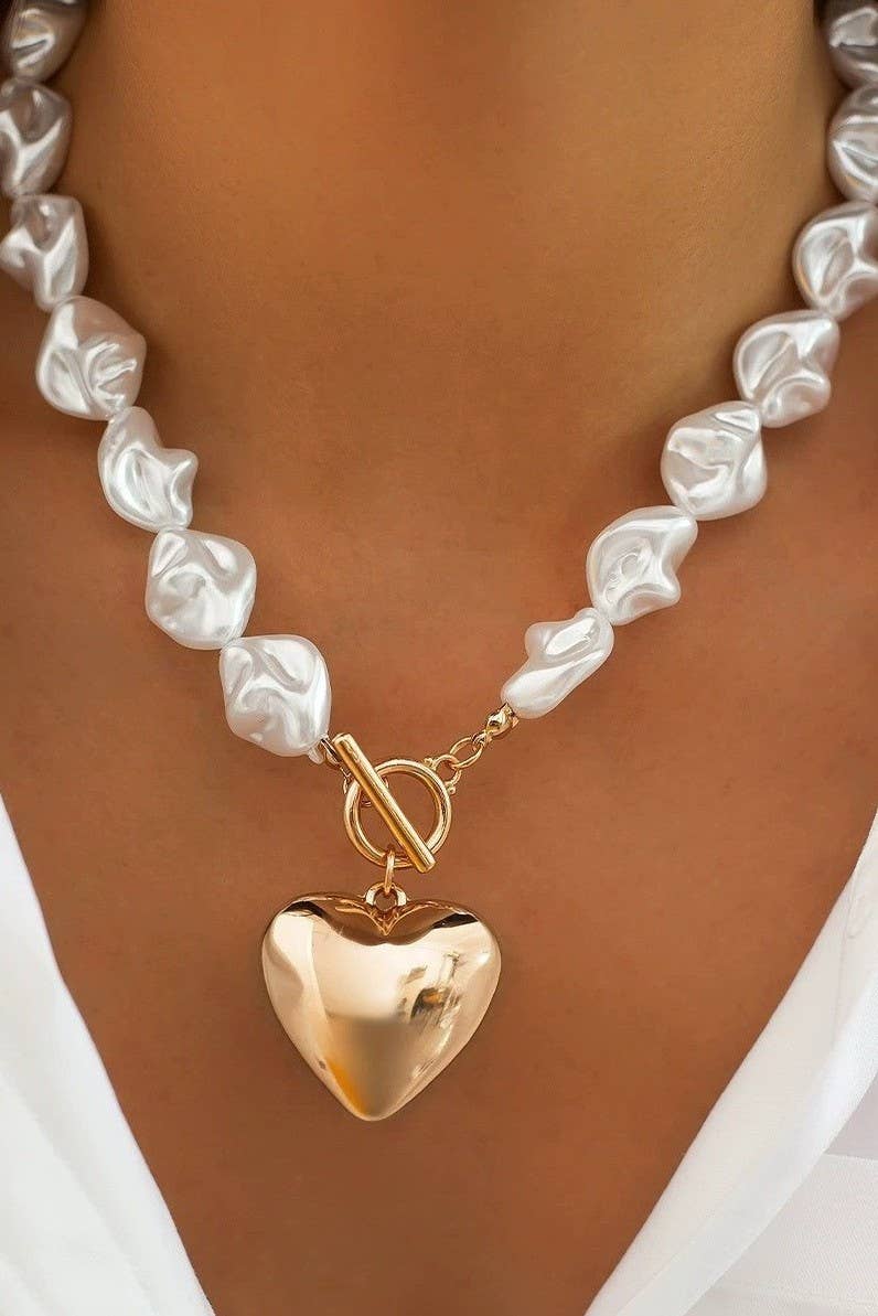 Pearl Heart Charm Toggle Necklace
