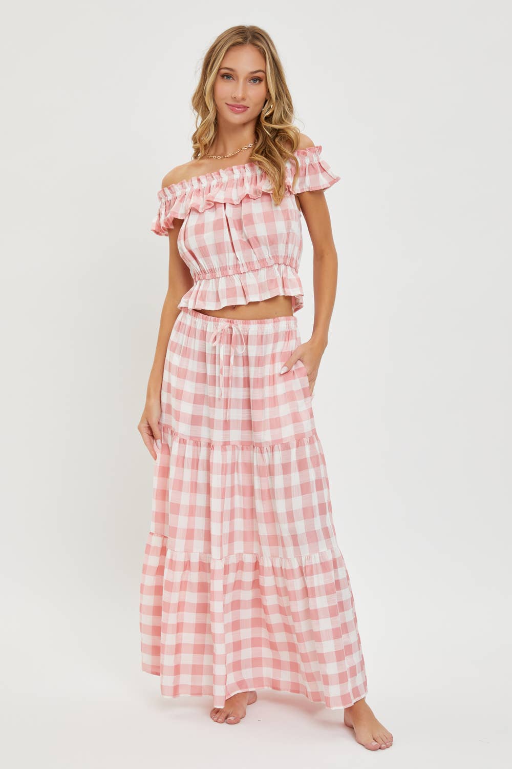 Gingham Tiered Maxi Skirt w Pockets
