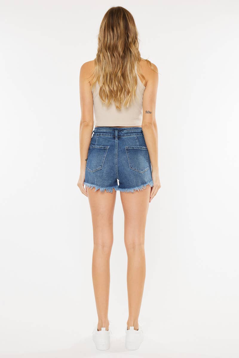HIGH RISE FRAYED HEM ZIP FLY DENIM SHORTS