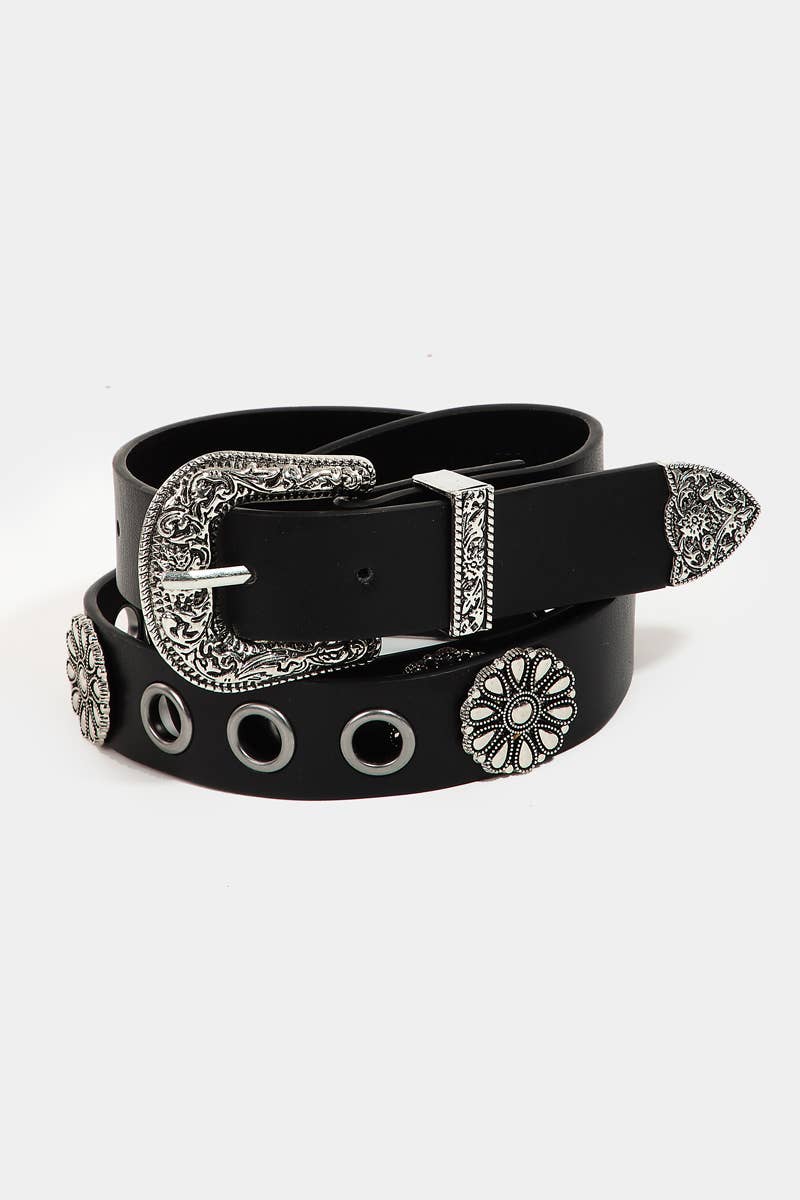 Western Etched Buckle Vegan Leather Belt