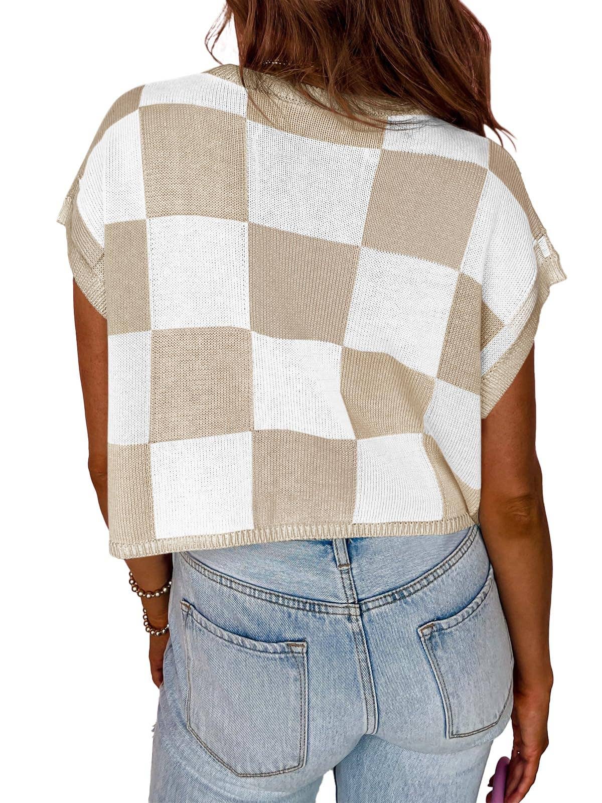 Women’s Colorblock Checkerboard Knit Crop Sweater Tee