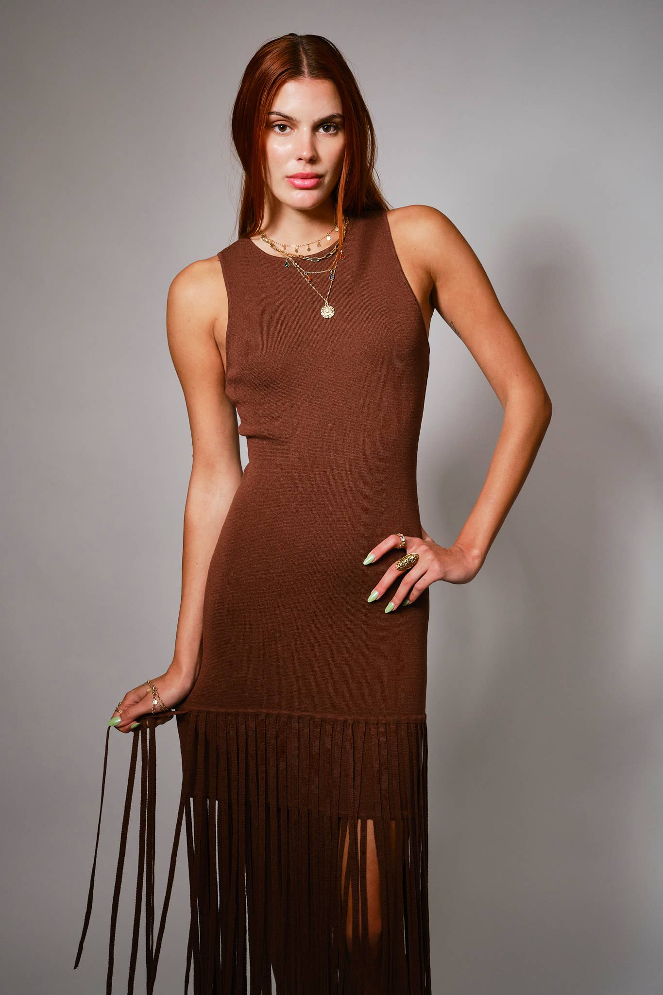 Chocolate Fringe Hem Knit Maxi Dress