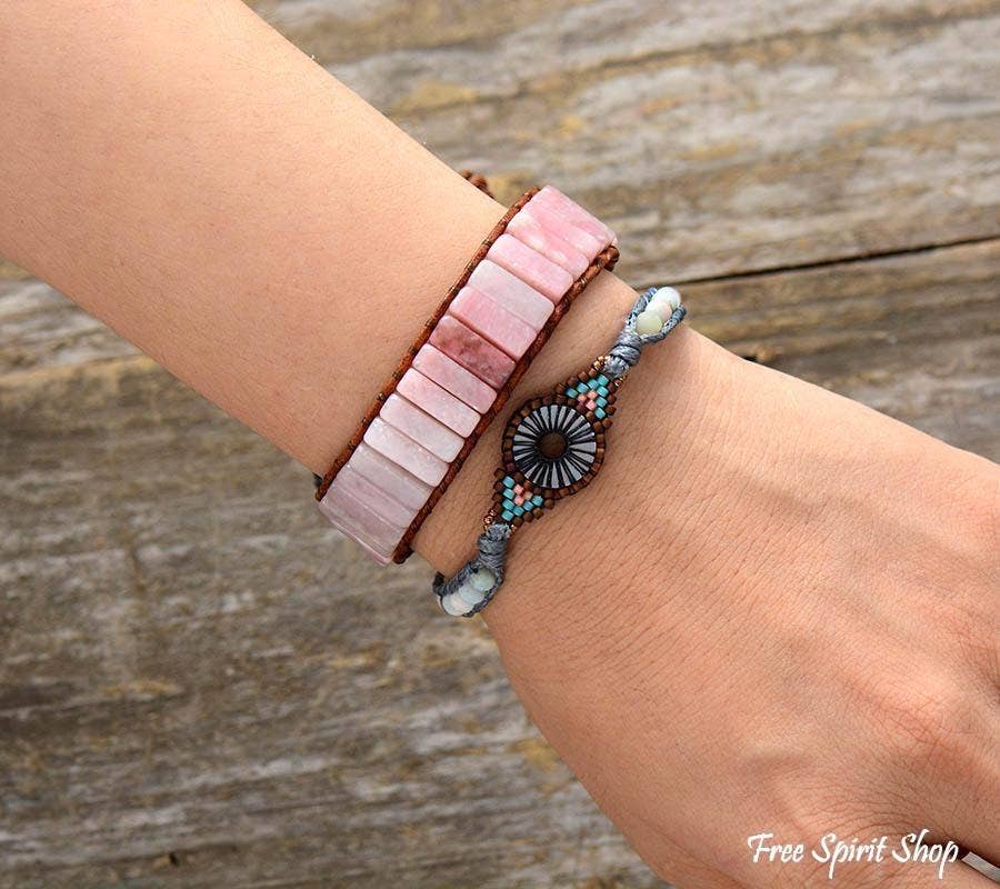 Natural Pink Opal Stone Leather Wrap Bracelet