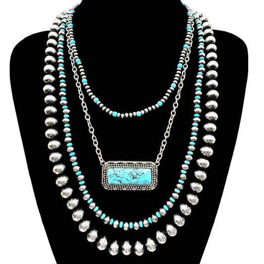 Turquoise Bar Pendant Western Layered Necklace