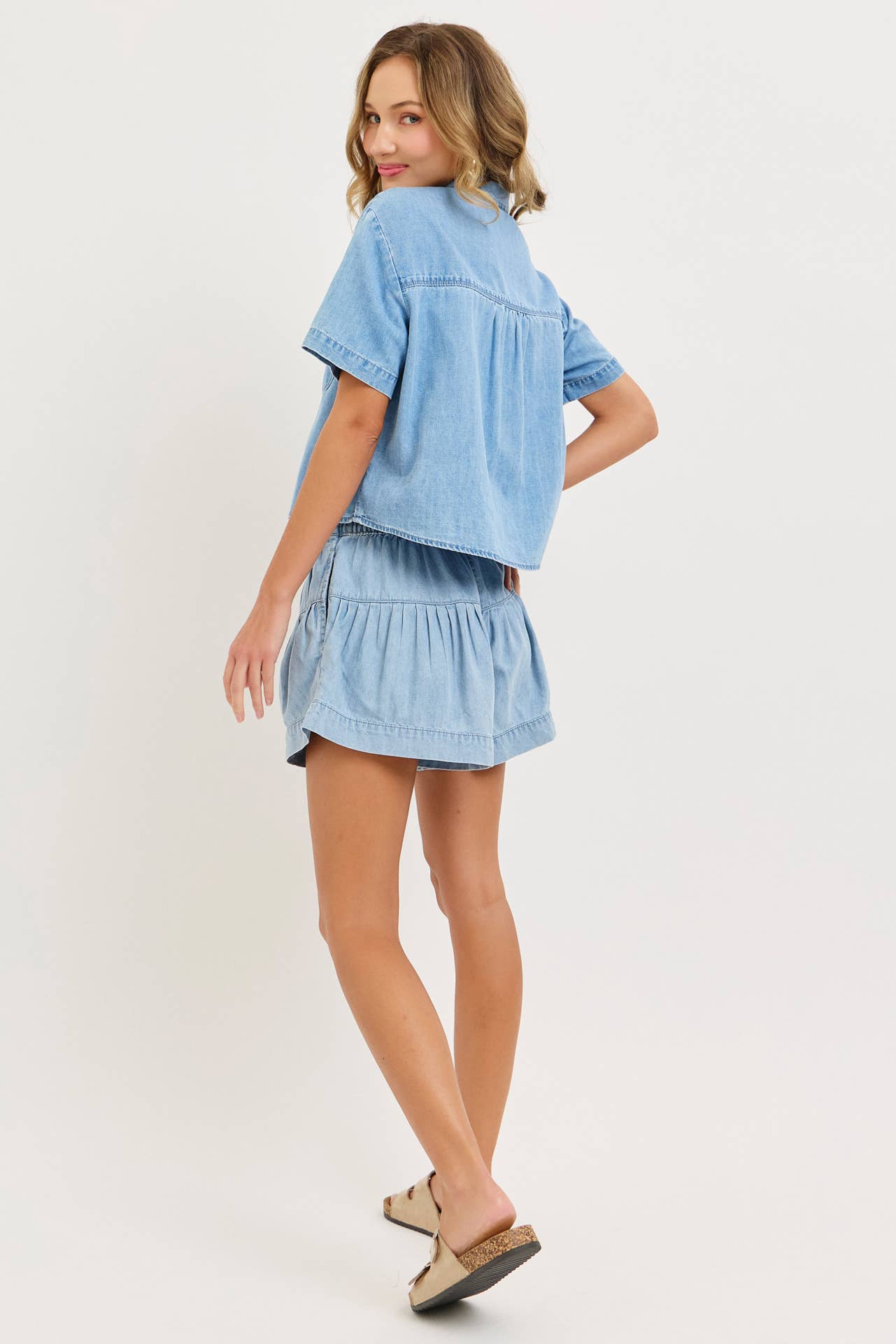 High Rise Button Stretch Denim Shorts