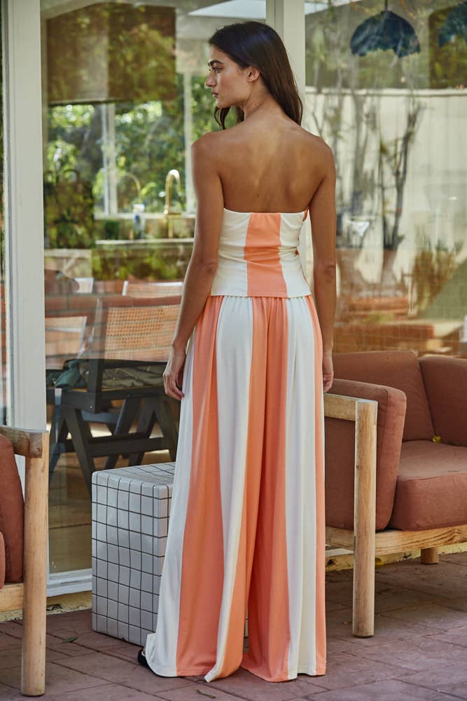 Salmon Cream Striped Set with Wide Leg Pant/Tube Top