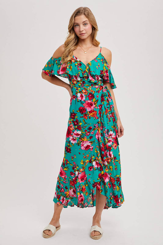 COLD SHOULDER RUFFLED WRAP DRESS