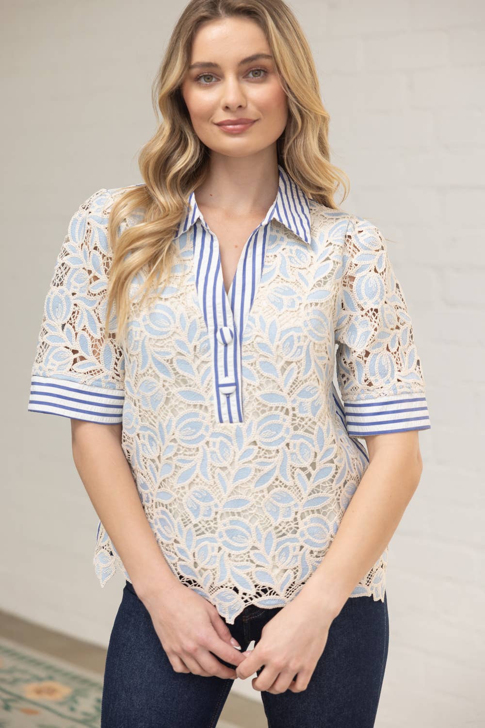 Collared V-Neck Stripe and Lace Mixed Fabric Top