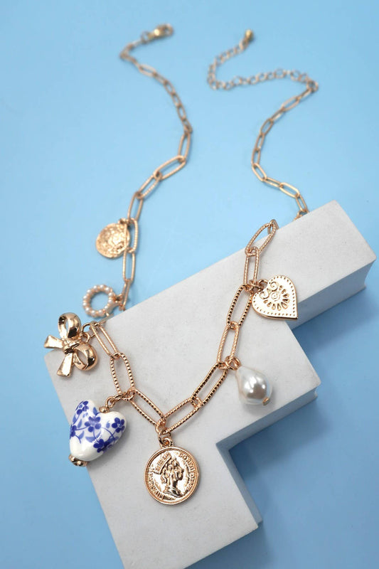 CERAMIC PORCELAIN HEART CHARM LINK NECKLACE