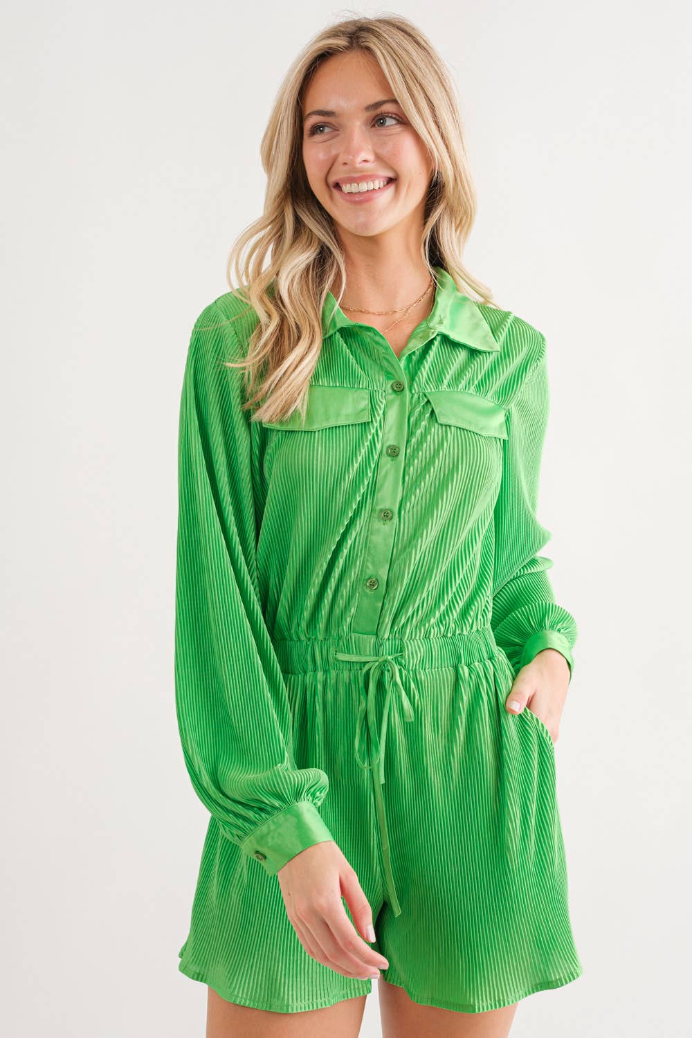 Accordion Pleated Collared Romper