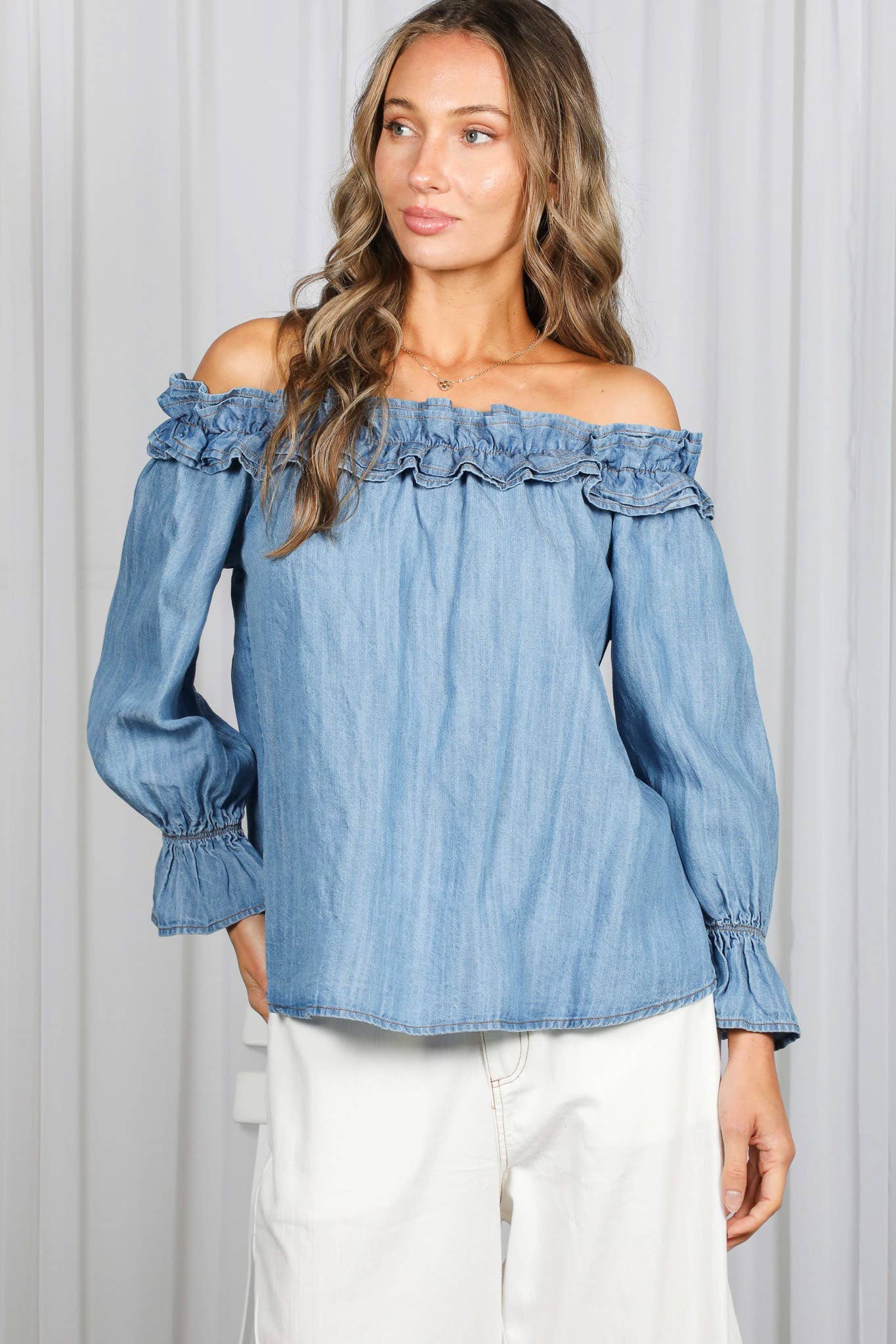 Denim Casual Off Shoulder Chambray Blouse
