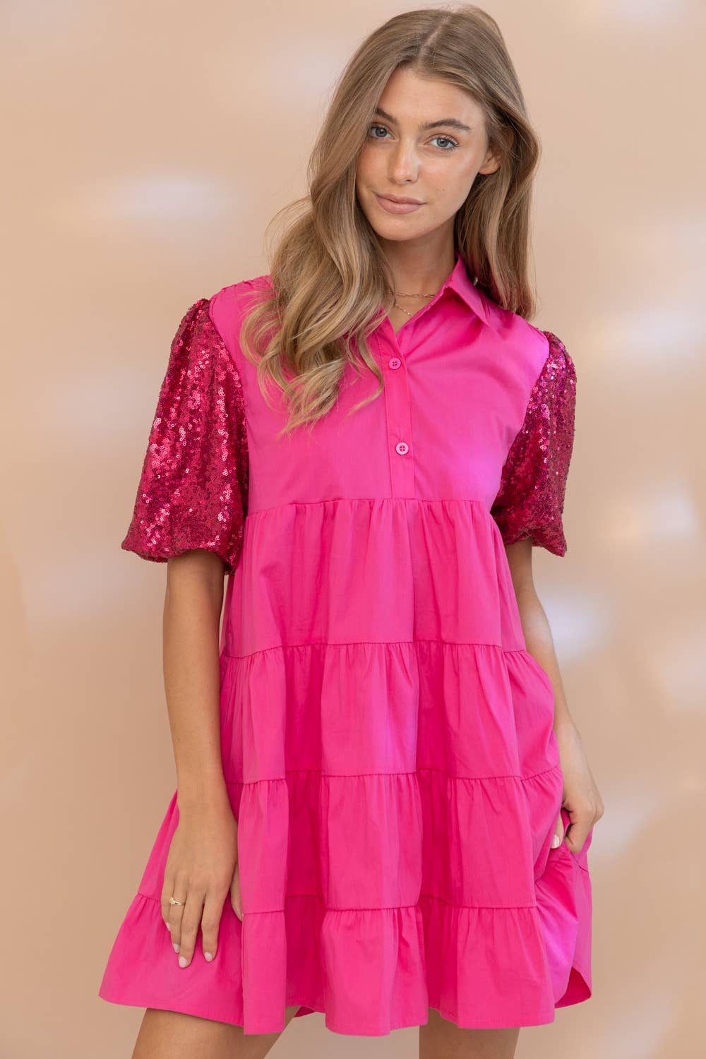 Sequin Puff Tiered Button Up Dress