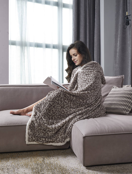 "Leopard" Faux Fur Plush Hooded Throw Blanket