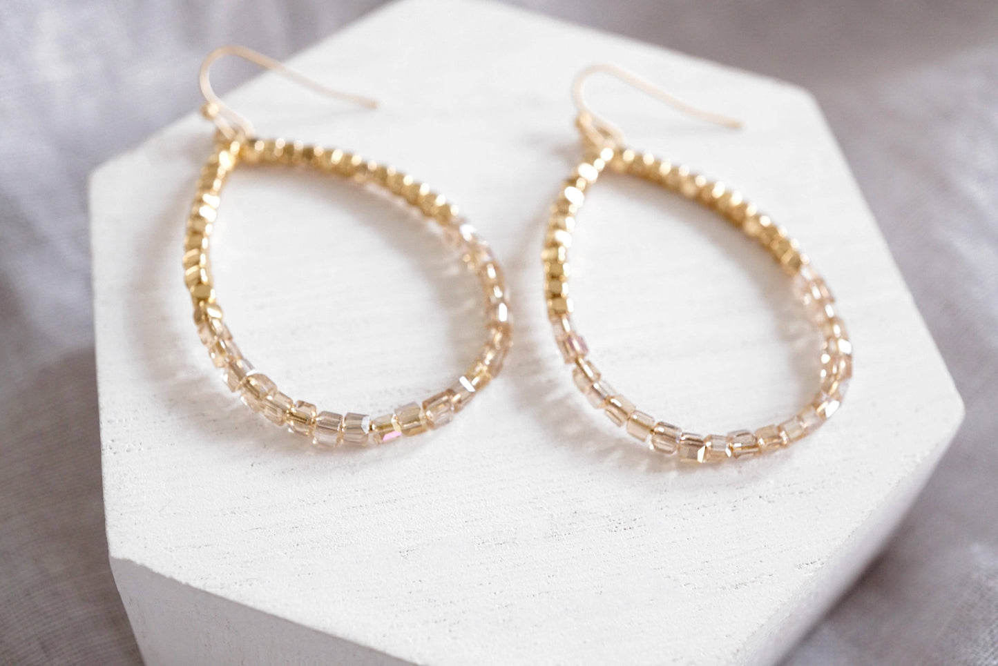 Glass & Gold Beaded Teardrop Earrings Purple