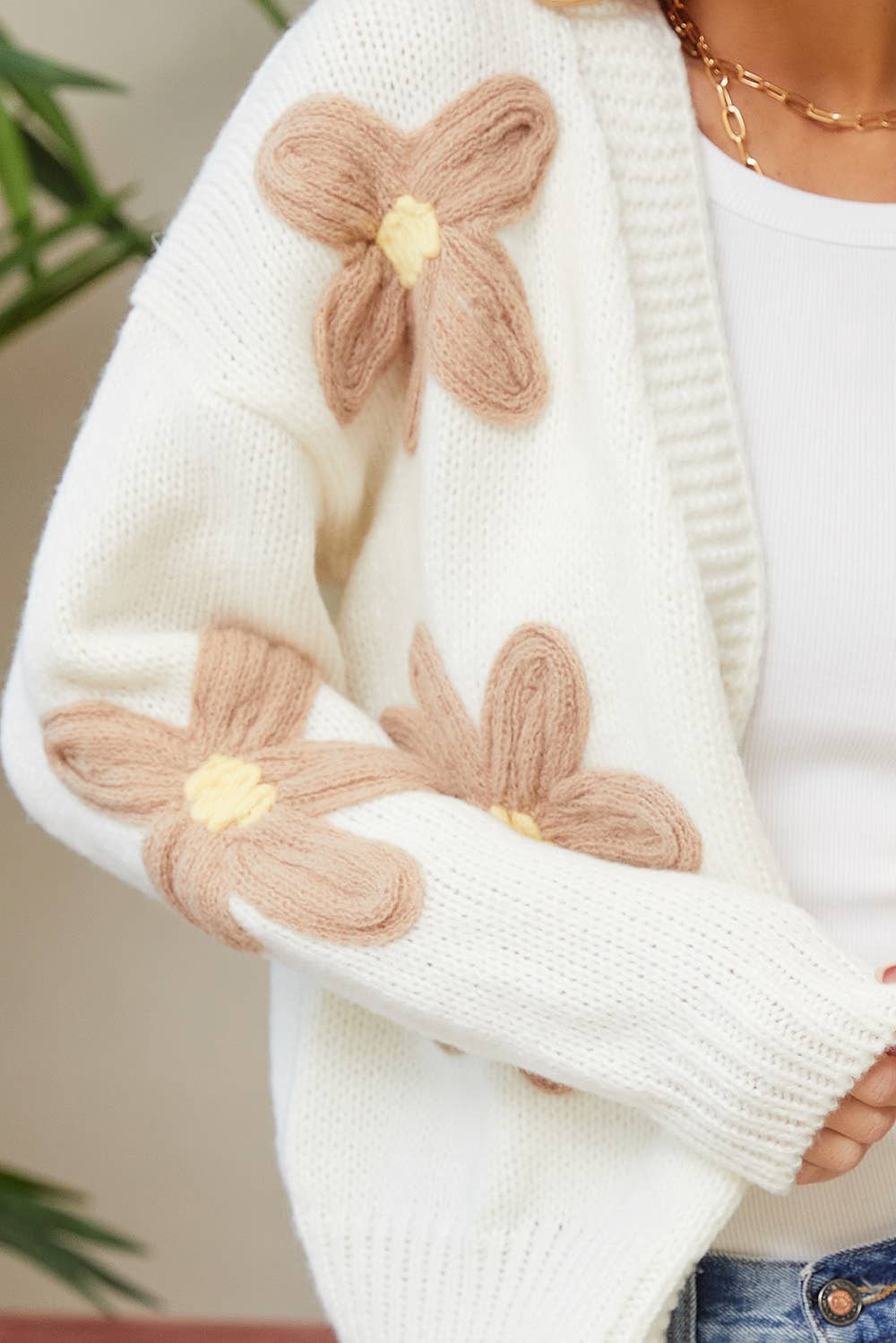 Cozy Ivory Mocha Flower Cardigan