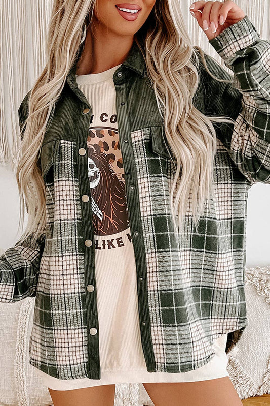 Blackish Green Snap Buttons Plaid Shacket