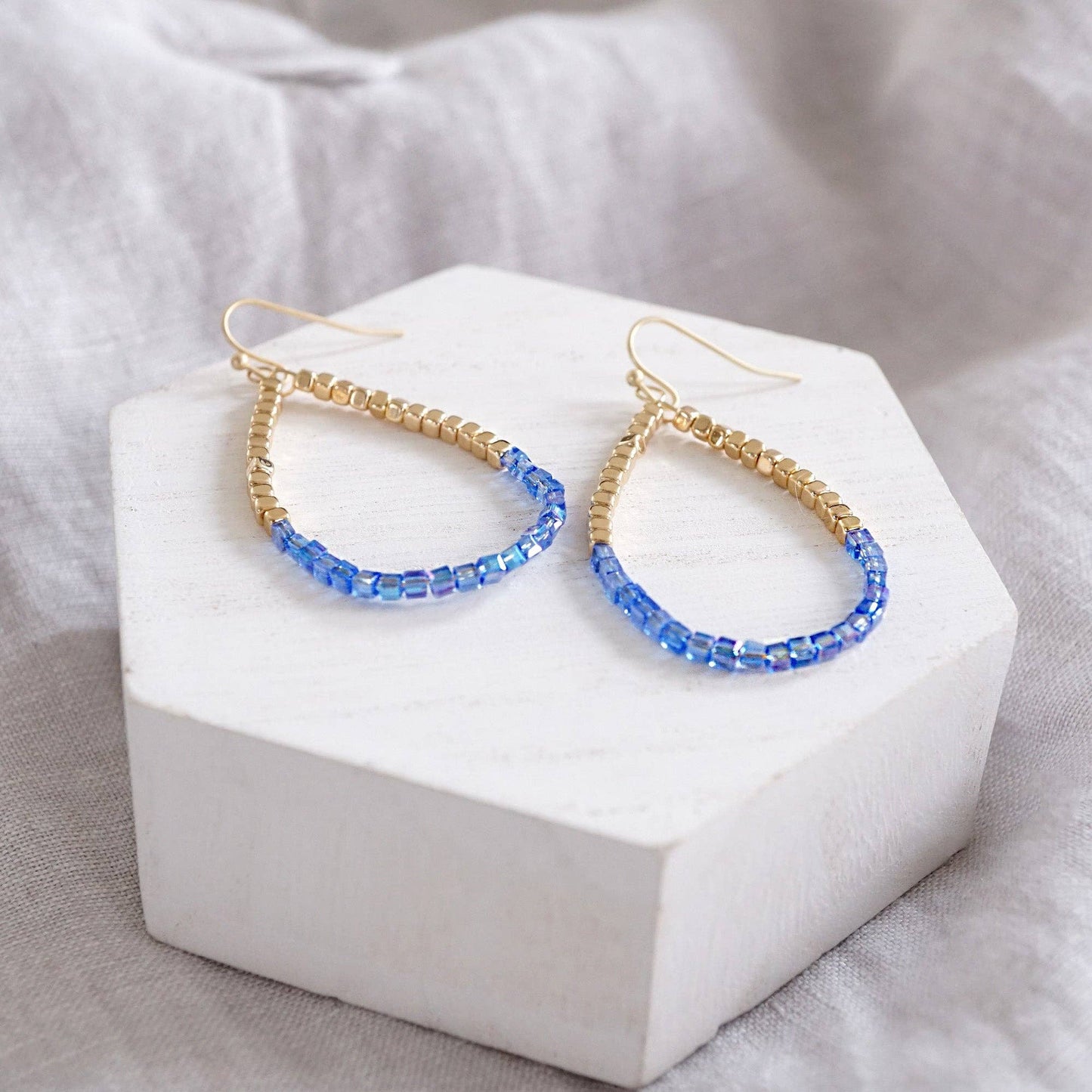 Glass & Gold Beaded Teardrop Earrings Purple