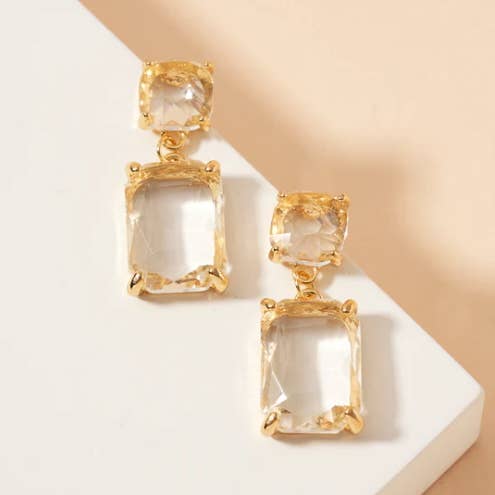 Double Square Linked Crystal Glass Dangle Earrings