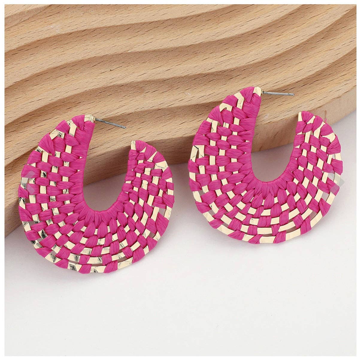 Fuchsia + Gold Raffia Wrapped Hoop Earrings