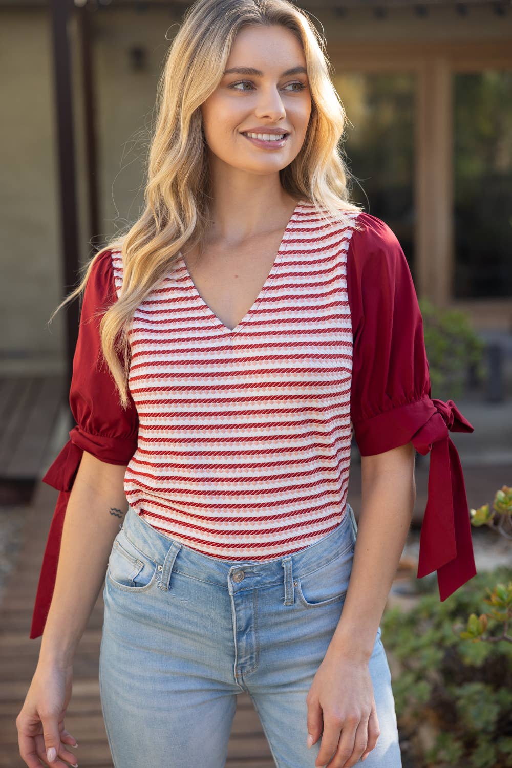 Self Tie Short Puff Sleeve Stripe Knit Top
