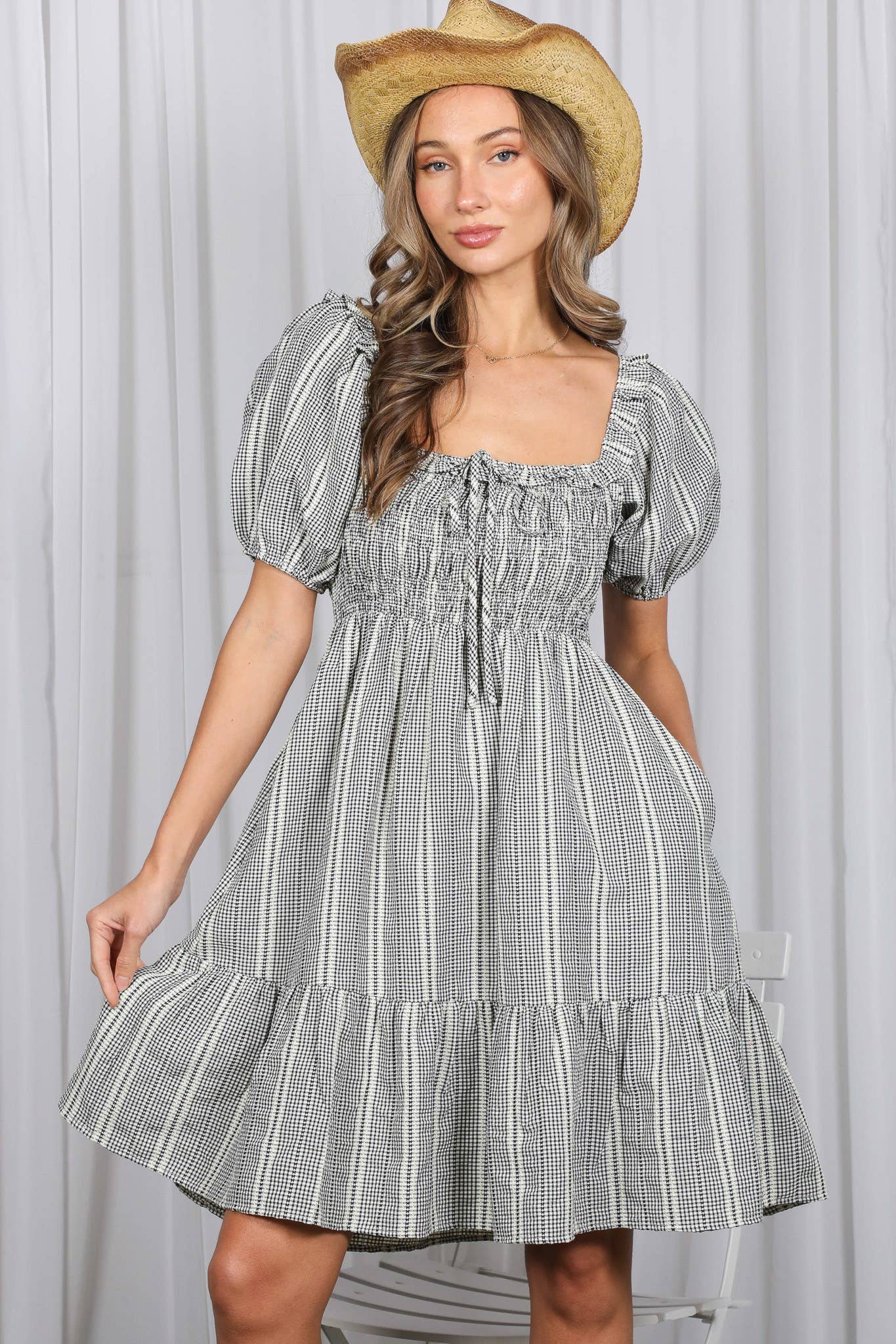 Gingham Short Puff Sleeve Ruffled Tiered Knee Dress