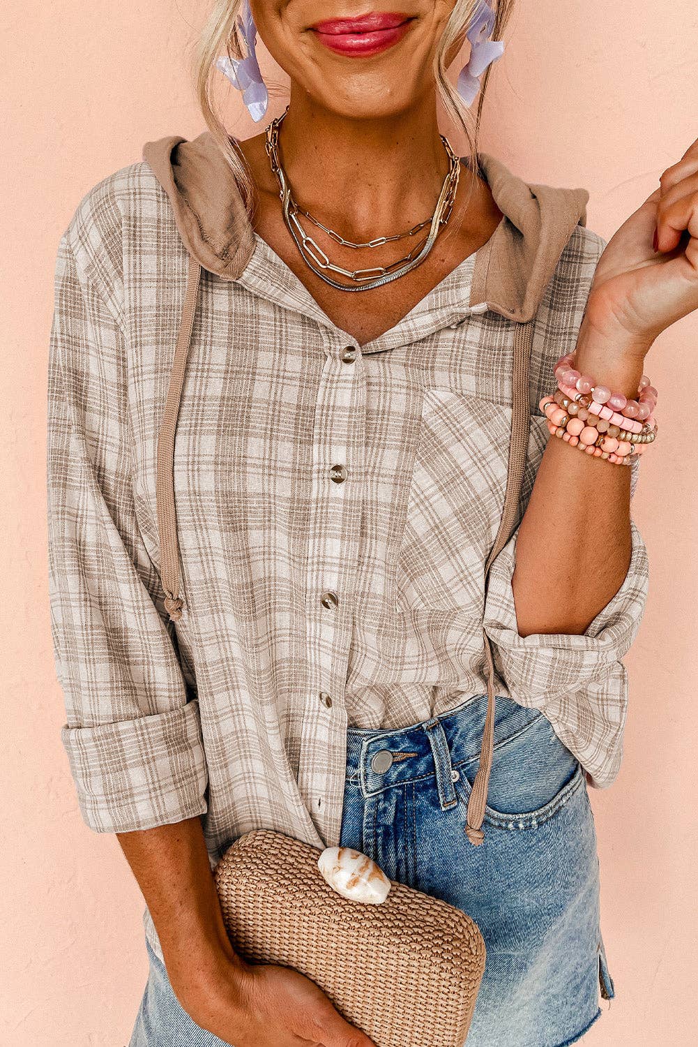 Khaki Checkered Hooded Shacket