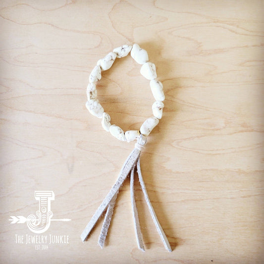 White Turquoise Beaded Bracelet w/ Leather Tassel