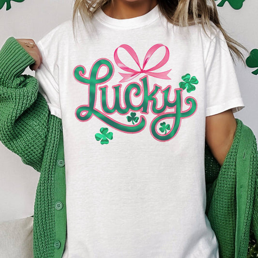 St. Patrick's Day Lucky Pink Girly Tee Bow Graphic Tshirt