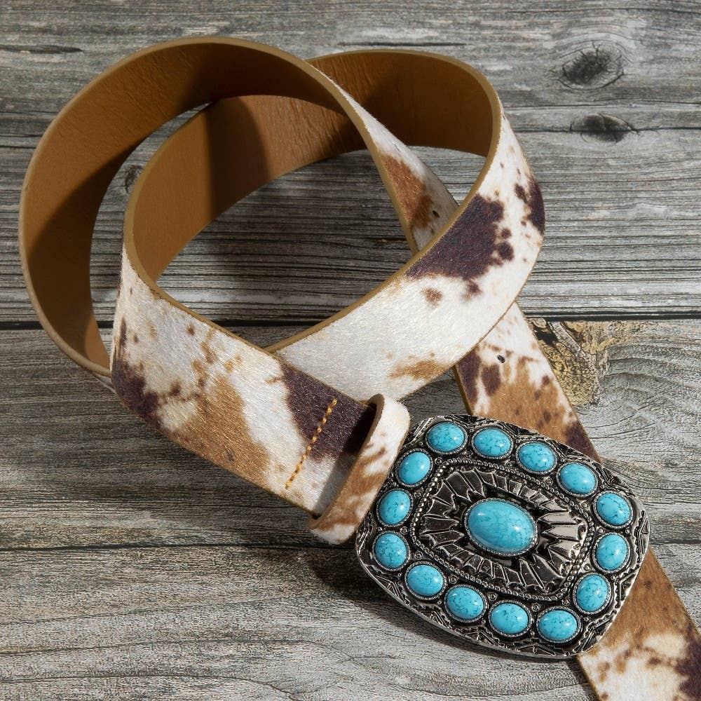Turquoise  Western Concho Buckle Vegan Leather Belt
