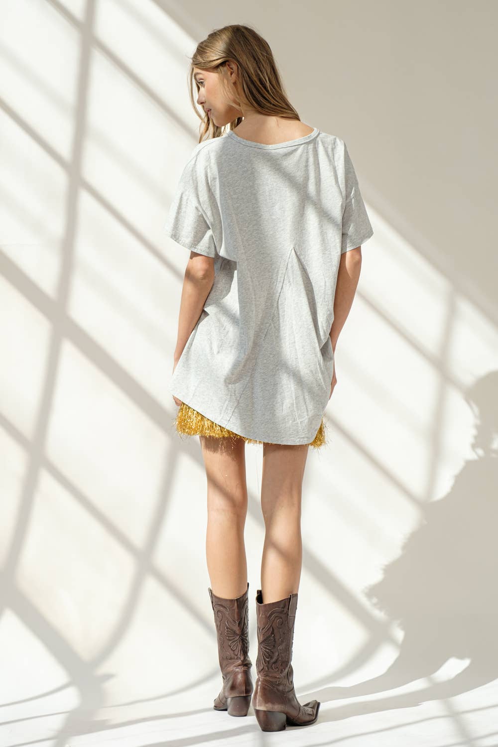 Cotton Sequin Western Boot Fringe Loose Side Tee