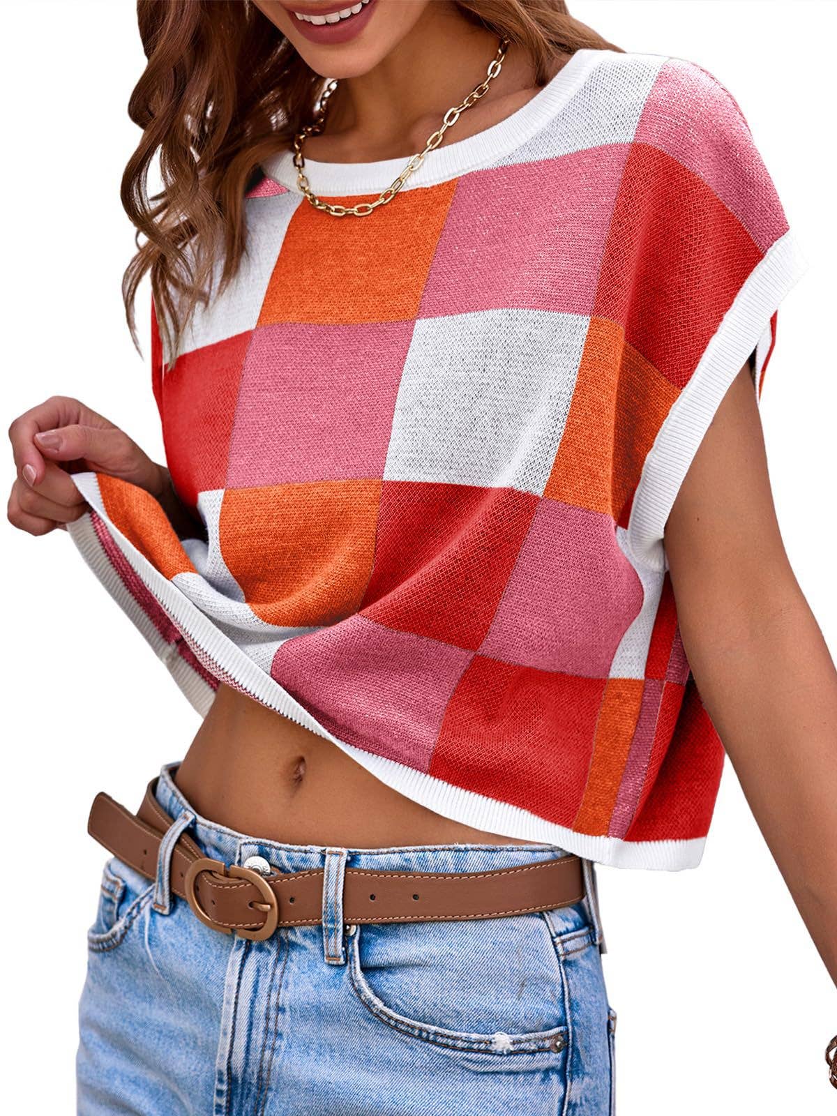 Women’s Colorblock Checkerboard Knit Crop Sweater Tee