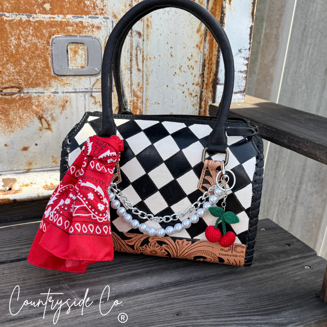 Cherry Leather Checkered Decorated Speedy Bag