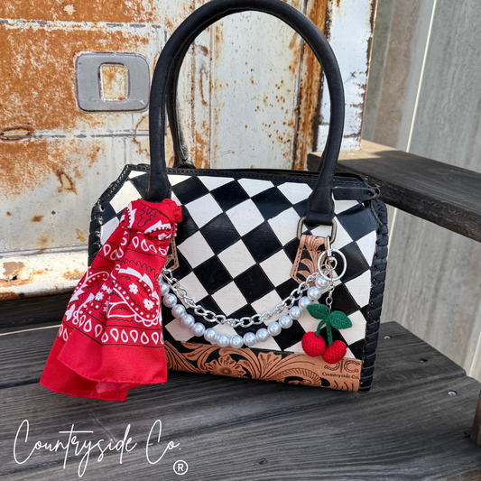 Cherry Leather Checkered Decorated Speedy Bag
