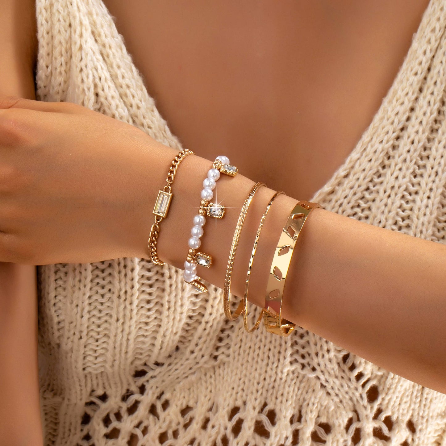 Gold & Pearl Layered Bracelet Set