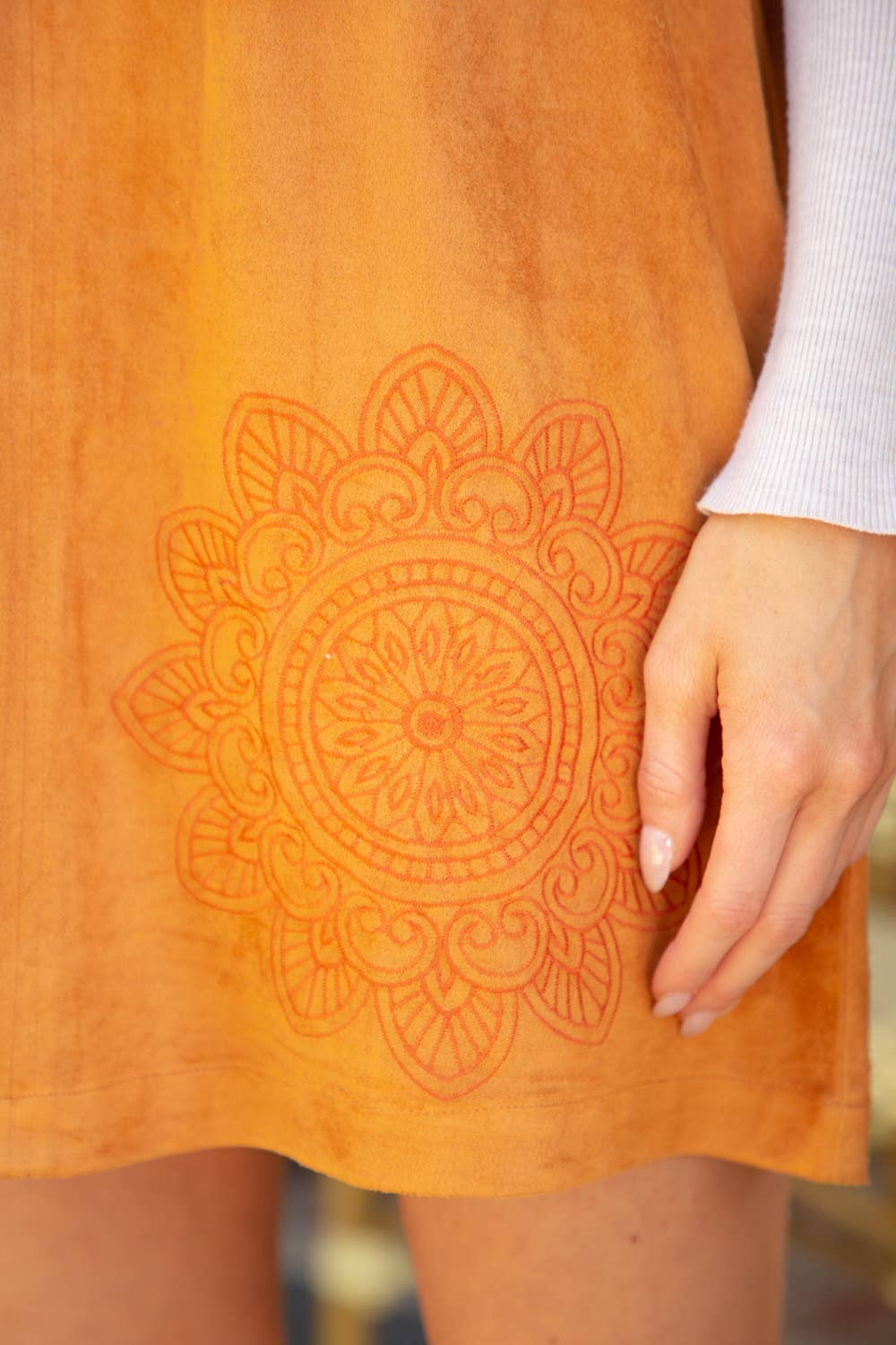 Cognac Embroidered Suede Shift Dress