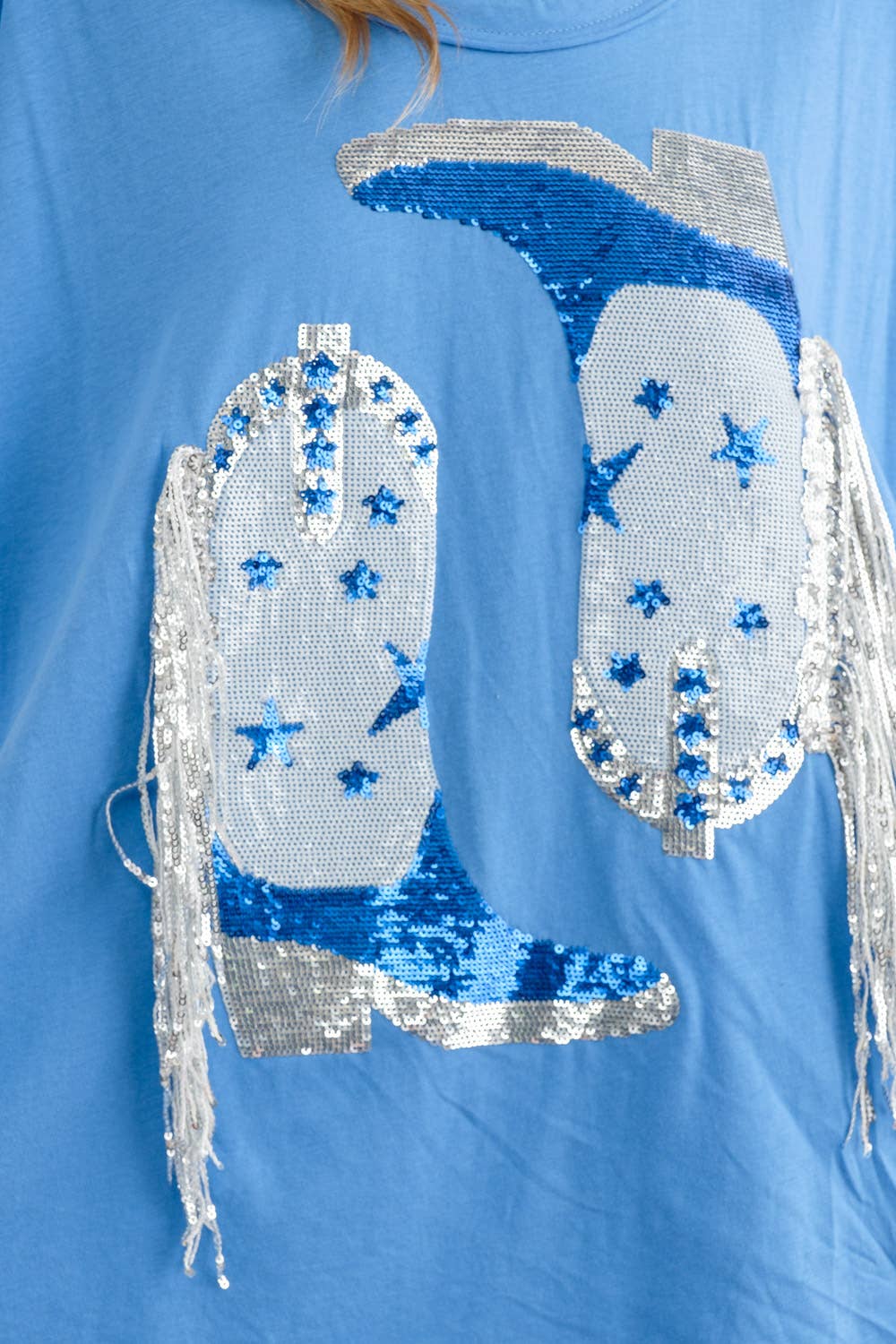Cotton Sequin Western Boot Fringe Loose Side Tee
