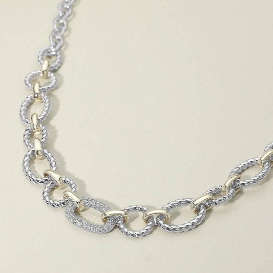 14K Gold Plated CZ Stone Paved Link Accent Two Tone Chunky Chain Necklace