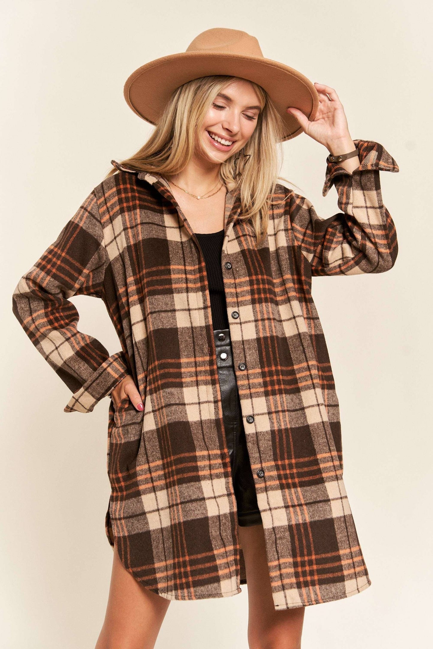 R&Blk BUTTON DOWN FLANNEL SHACKET