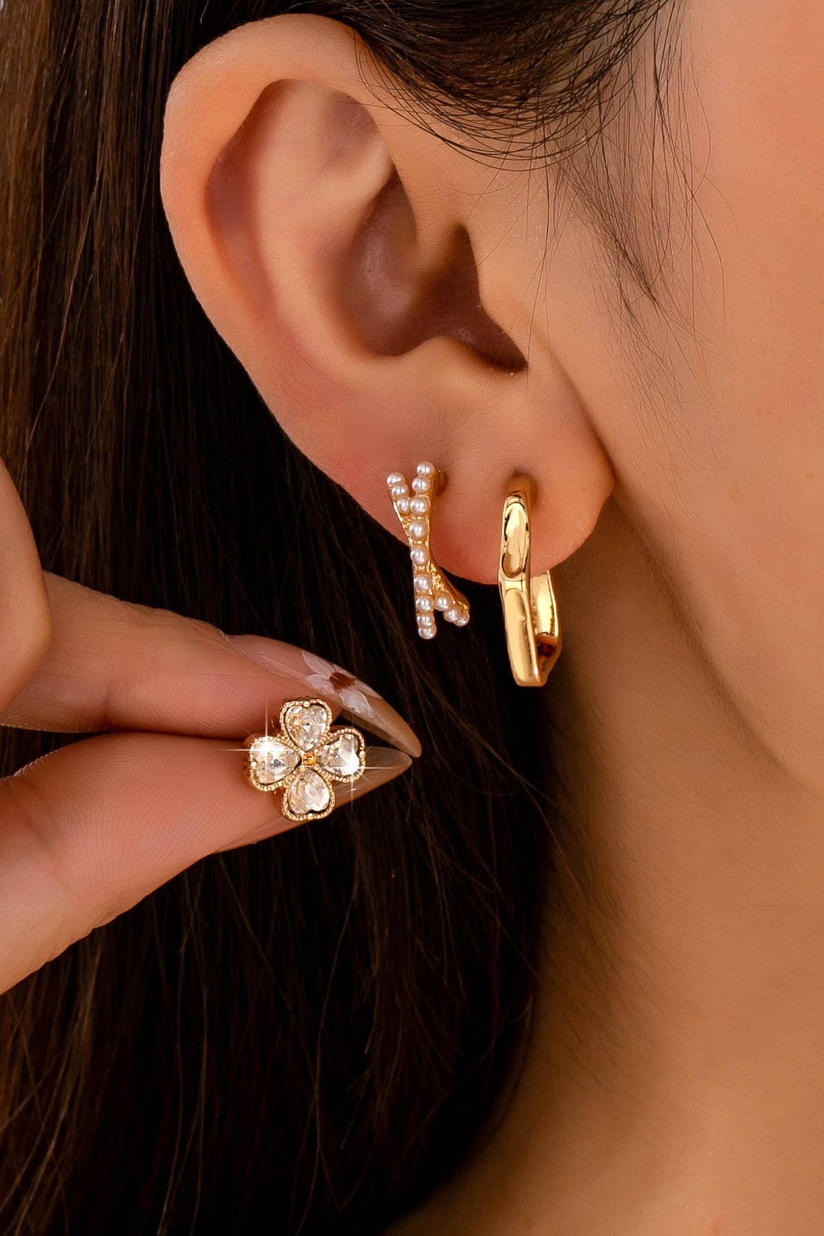 Floral Gem Pearl Hoop Trio Earrings